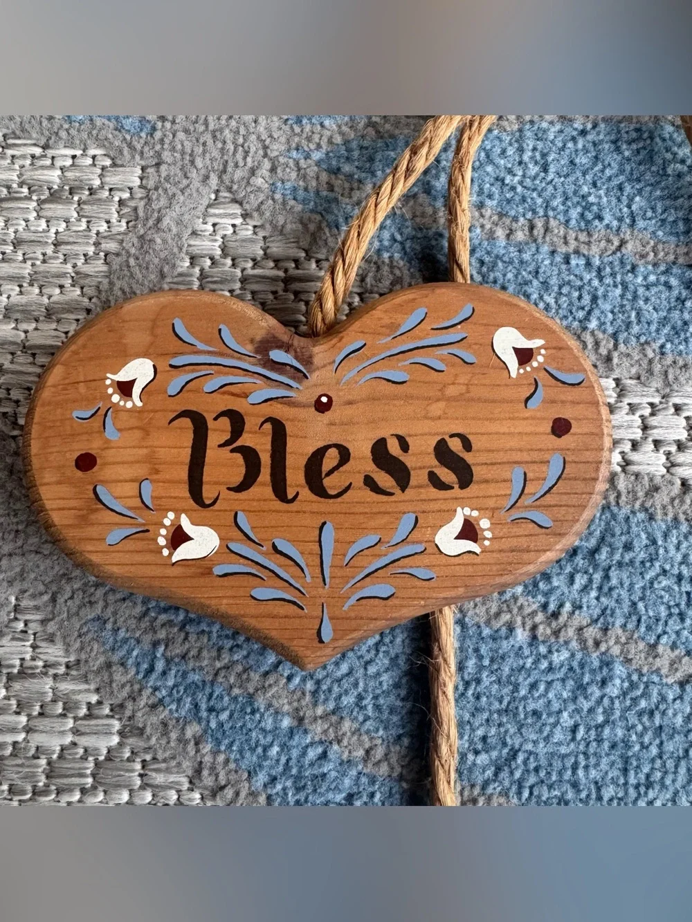 Vintage Country Cottage Wood Twine Heart Hanging Decor "Bless Our Home" Blue 90s - Picture 3 of 5